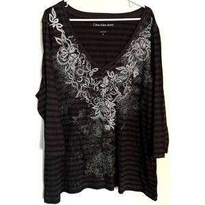 Calvin Klein Jeans Shirt Women 3X Black Gray Stripe V Neck Rhinestone Floral NWT